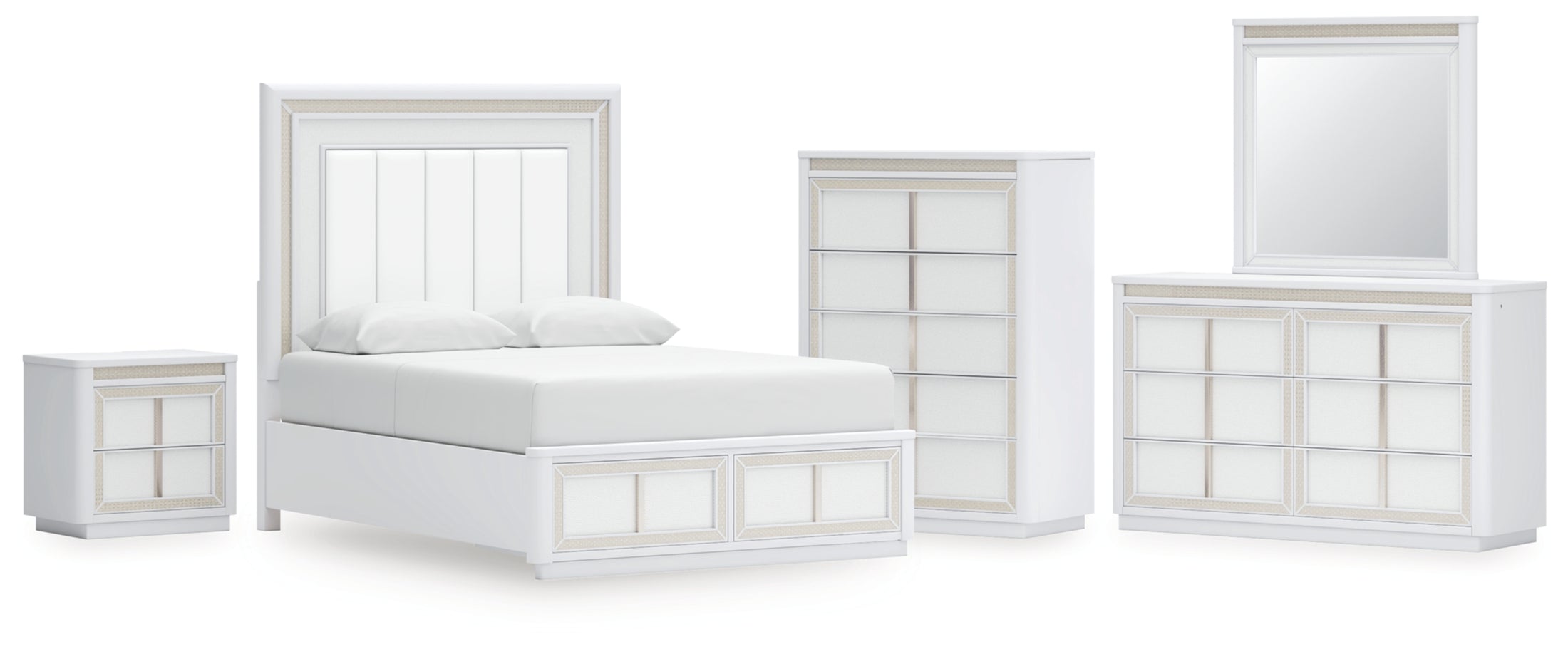 Chalanna Queen Upholstered Storage Bed, Dresser, Mirror, Chest and Nightstand