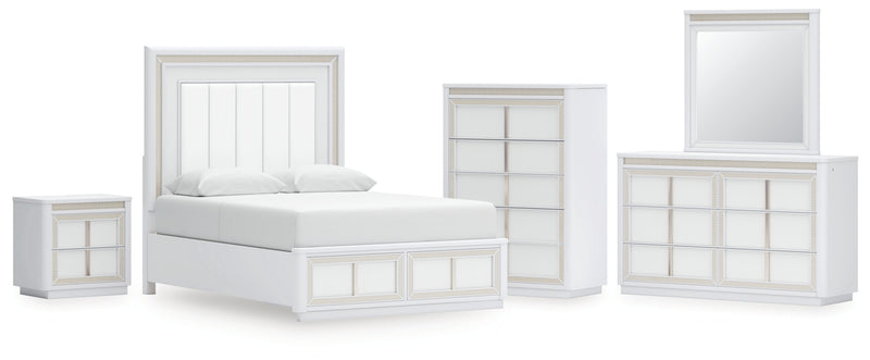 Chalanna Queen Upholstered Storage Bed, Dresser, Mirror, Chest and Nightstand