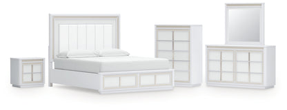Chalanna California King Upholstered Storage Bed, Dresser, Mirror, Chest and Nightstand