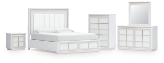Chalanna California King Upholstered Storage Bed, Dresser, Mirror, Chest and Nightstand