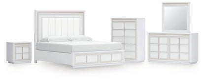 Chalanna King Upholstered Storage Bed, Dresser, Mirror, Chest and Nightstand