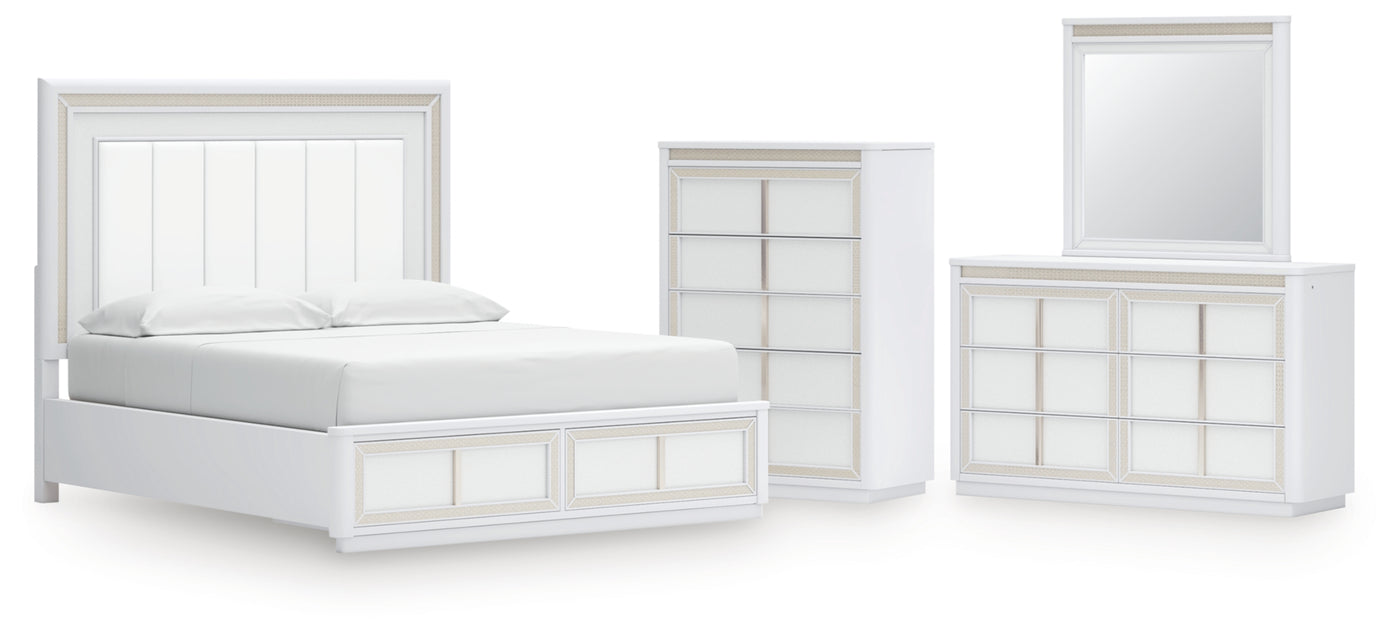 Chalanna California King Upholstered Storage Bed, Dresser, Mirror and Chest