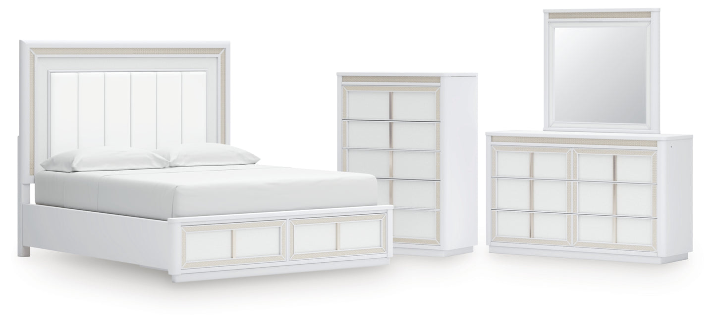 Chalanna California King Upholstered Storage Bed, Dresser, Mirror and Chest