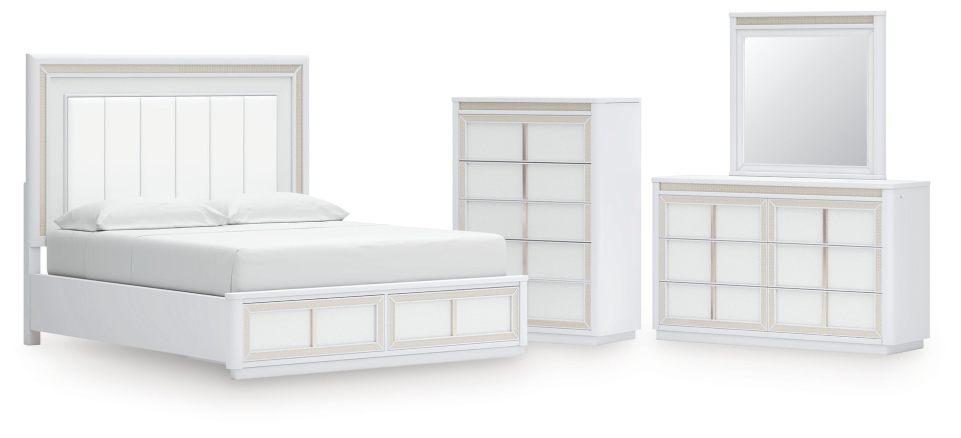 Chalanna California King Upholstered Storage Bed, Dresser, Mirror and Chest