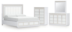 Chalanna California King Upholstered Storage Bed, Dresser, Mirror and Chest