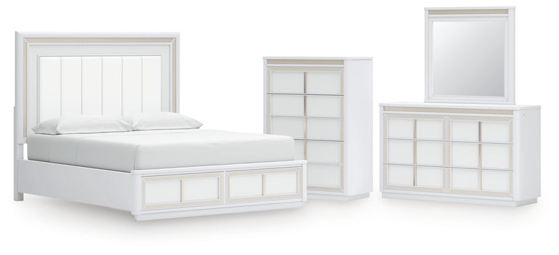 Chalanna California King Upholstered Storage Bed, Dresser, Mirror and Chest