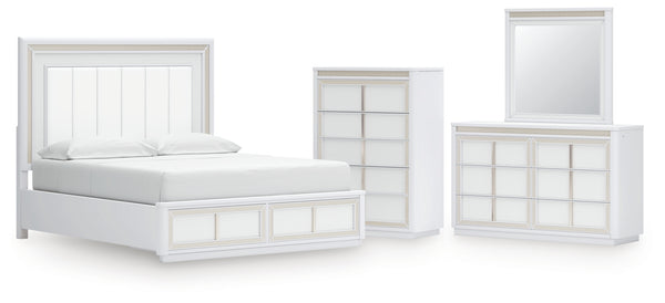 Chalanna California King Upholstered Storage Bed, Dresser, Mirror and Chest