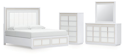 Chalanna King Upholstered Storage Bed, Dresser, Mirror and Chest