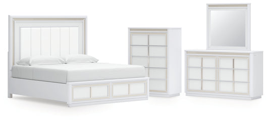 Chalanna King Upholstered Storage Bed, Dresser, Mirror and Chest