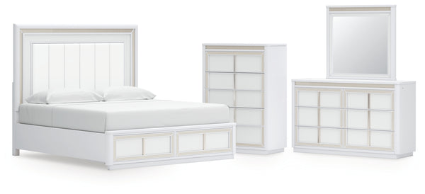 Chalanna King Upholstered Storage Bed, Dresser, Mirror and Chest
