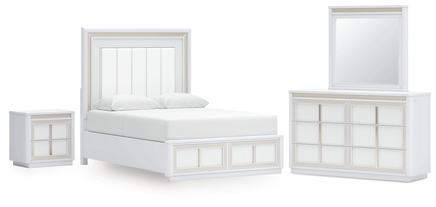 Chalanna Queen Upholstered Storage Bed, Dresser, Mirror and Nightstand