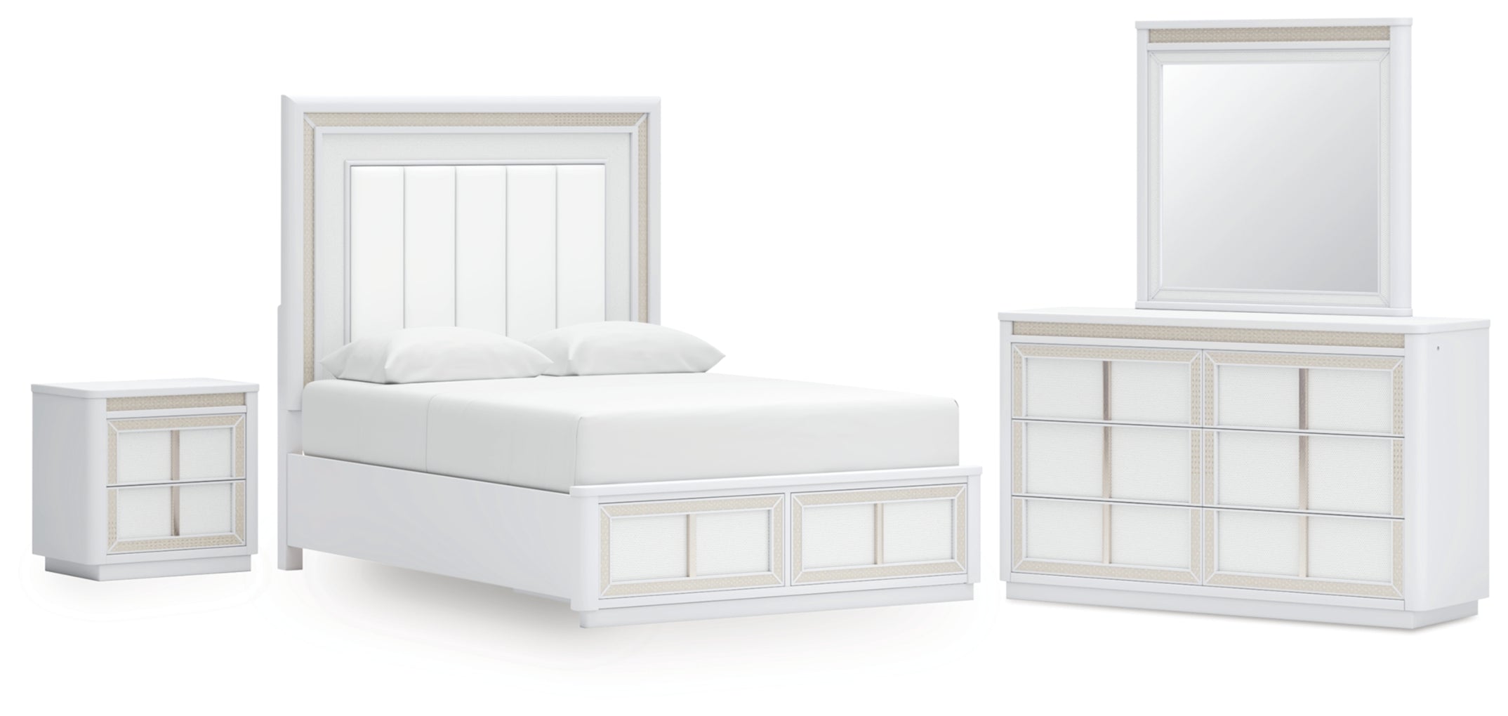 Chalanna Queen Upholstered Storage Bed, Dresser, Mirror and Nightstand