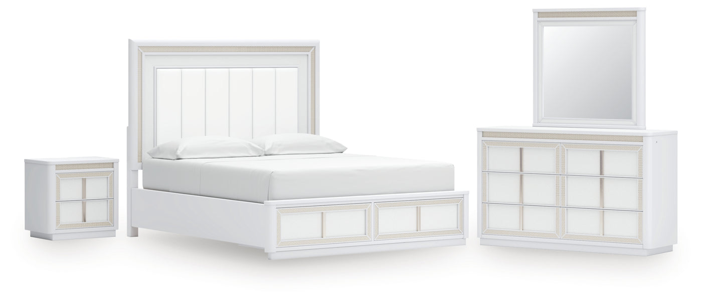 Chalanna California King Upholstered Storage Bed, Dresser, Mirror and Nightstand