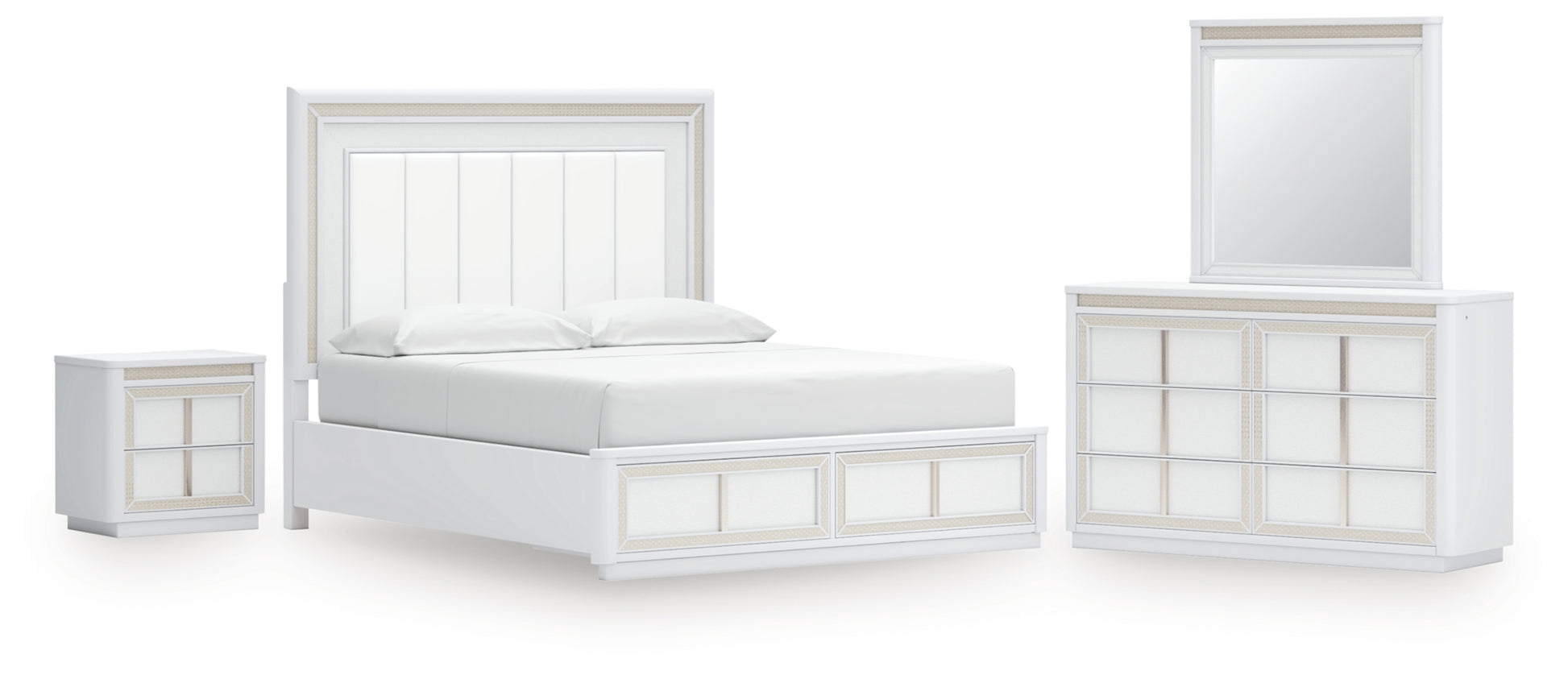 Chalanna California King Upholstered Storage Bed, Dresser, Mirror and Nightstand