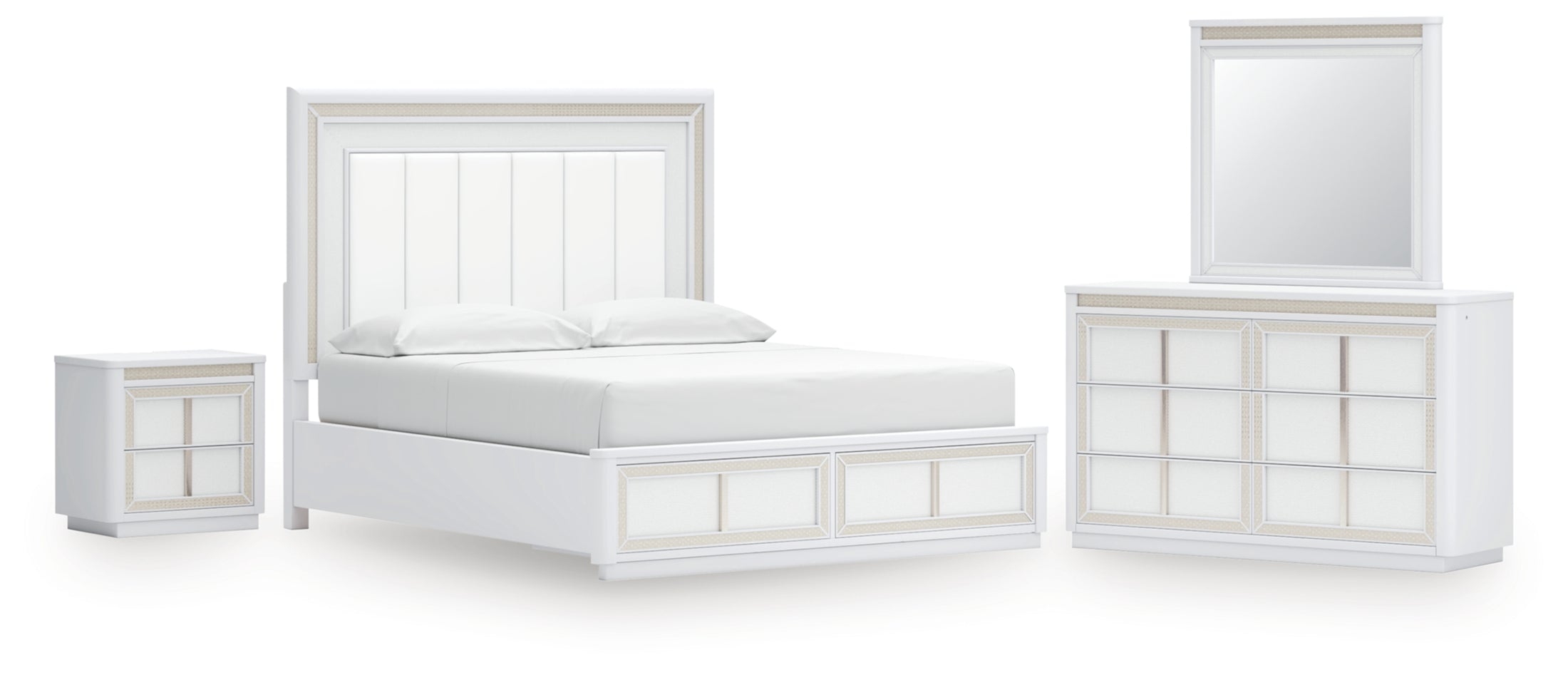 Chalanna California King Upholstered Storage Bed, Dresser, Mirror and Nightstand