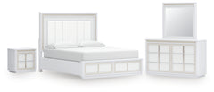 Chalanna California King Upholstered Storage Bed, Dresser, Mirror and Nightstand