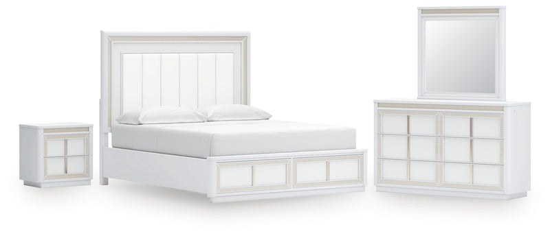 Chalanna California King Upholstered Storage Bed, Dresser, Mirror and Nightstand