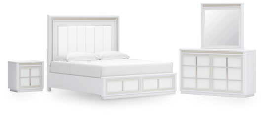 Chalanna King Upholstered Storage Bed, Dresser, Mirror and Nightstand