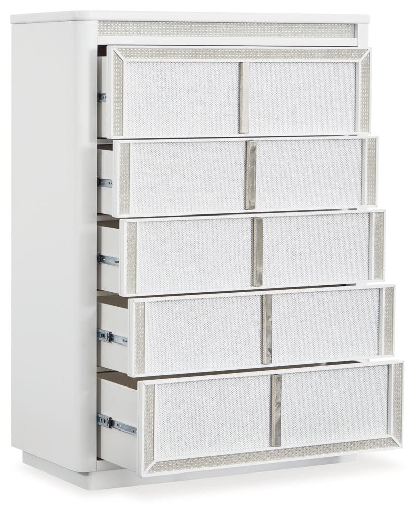 Chalanna Queen Upholstered Storage Bed, Dresser, Mirror, Chest and Nightstand