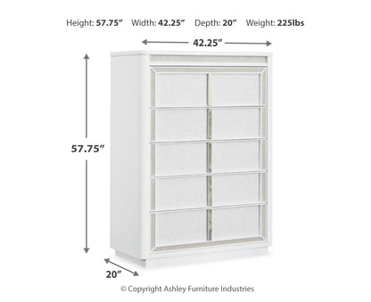 Chalanna California King Upholstered Storage Bed, Dresser, Mirror and Chest