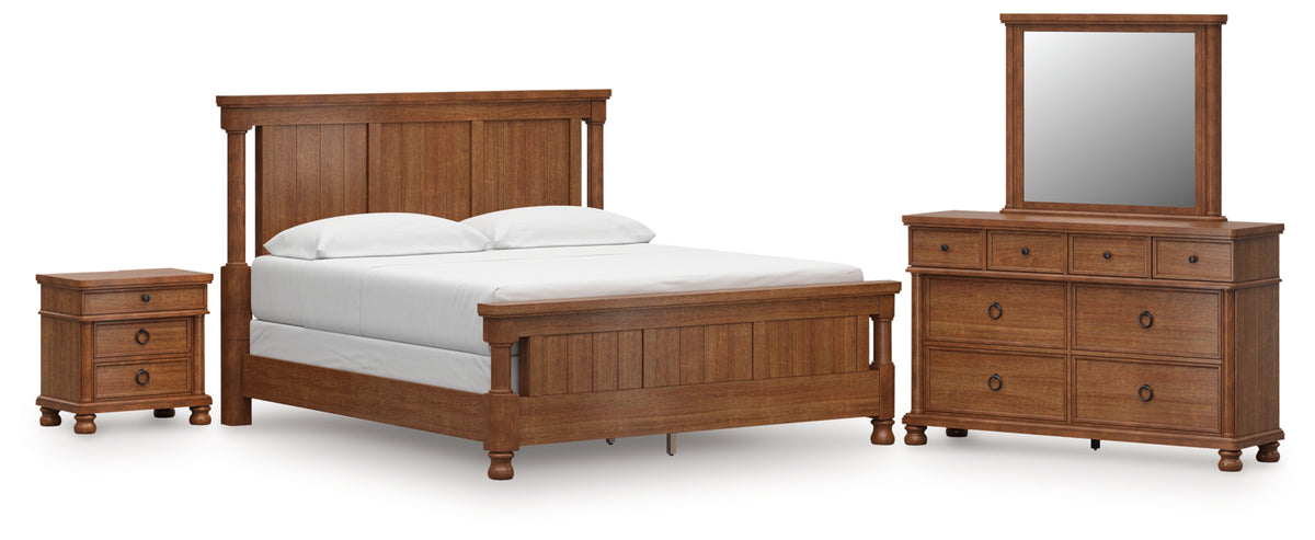Rowlenstown California King Poster Bed with Mirrored Dresser and Nightstand