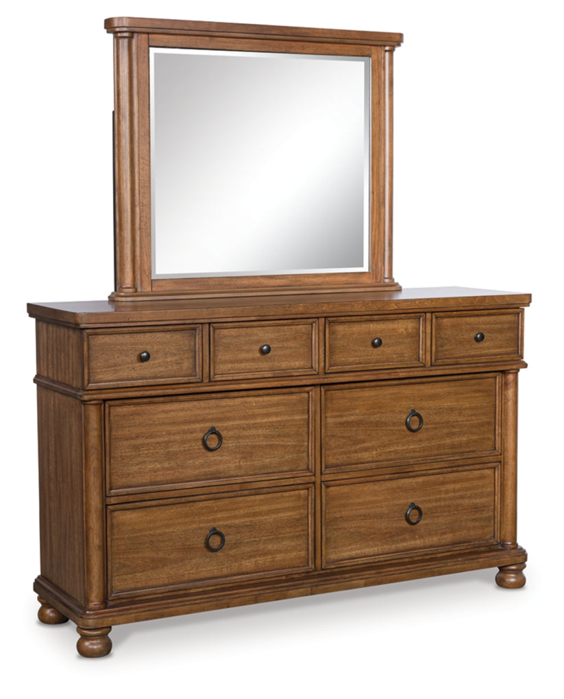 Rowlenstown California King Poster Bed with Mirrored Dresser