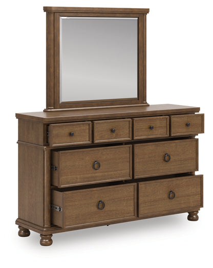 Rowlenstown Queen Poster Bed with Mirrored Dresser and Nightstand