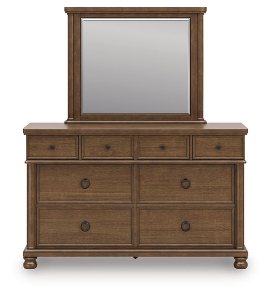Rowlenstown California King Poster Bed with Mirrored Dresser
