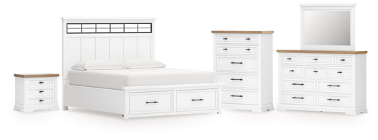 Ashbryn California King Panel Storage Bed, Dresser, Mirror, Chest and Nightstand