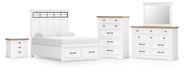 Ashbryn King Panel Storage Bed, Dresser, Mirror, Chest and Nightstand