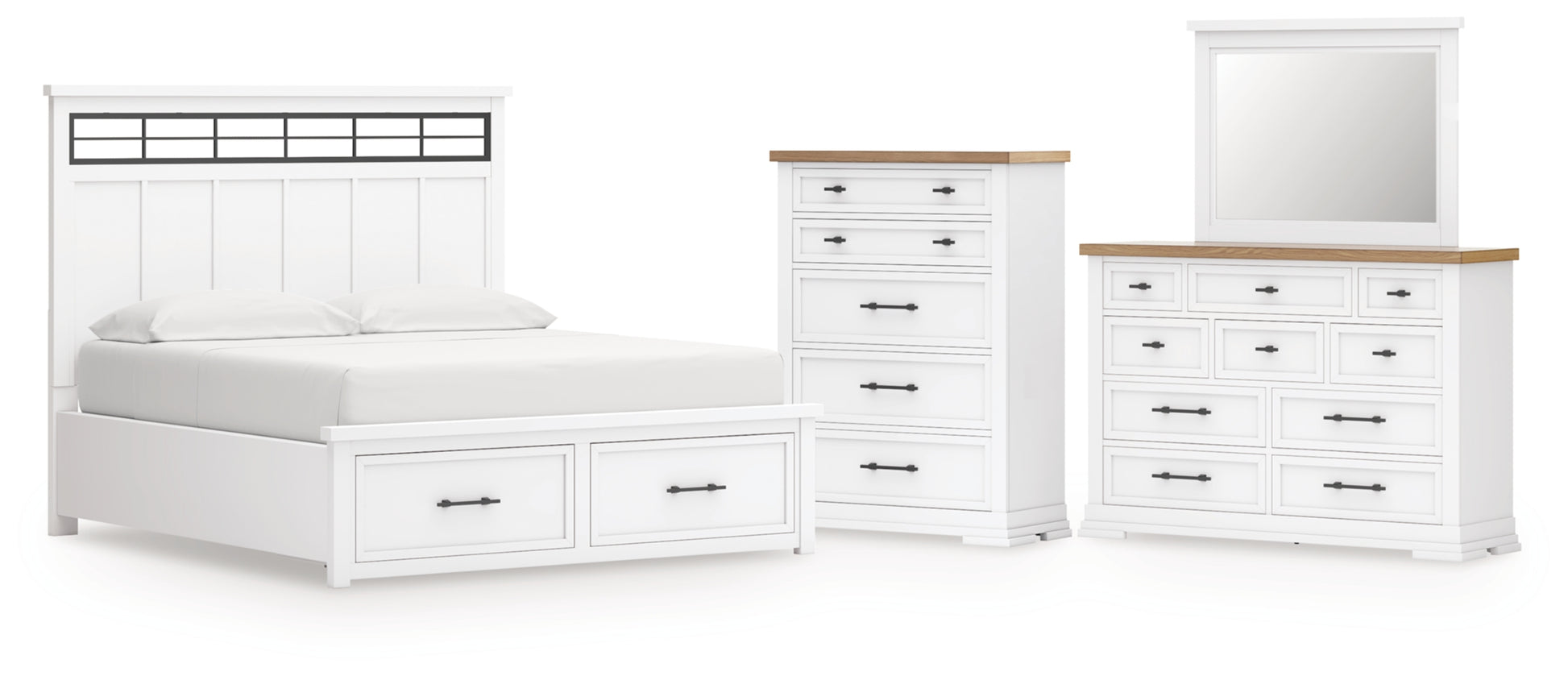 Ashbryn California King Panel Storage Bed, Dresser, Mirror and Chest