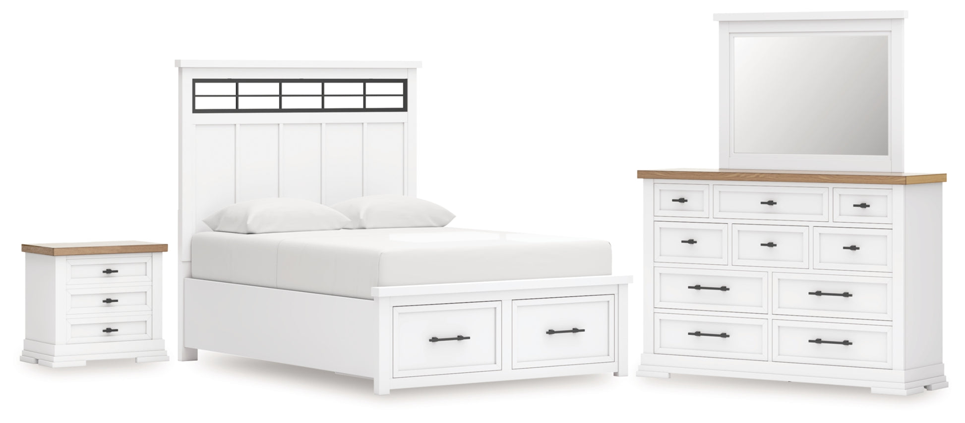 Ashbryn Queen Panel Storage Bed, Dresser, Mirror and Nightstand