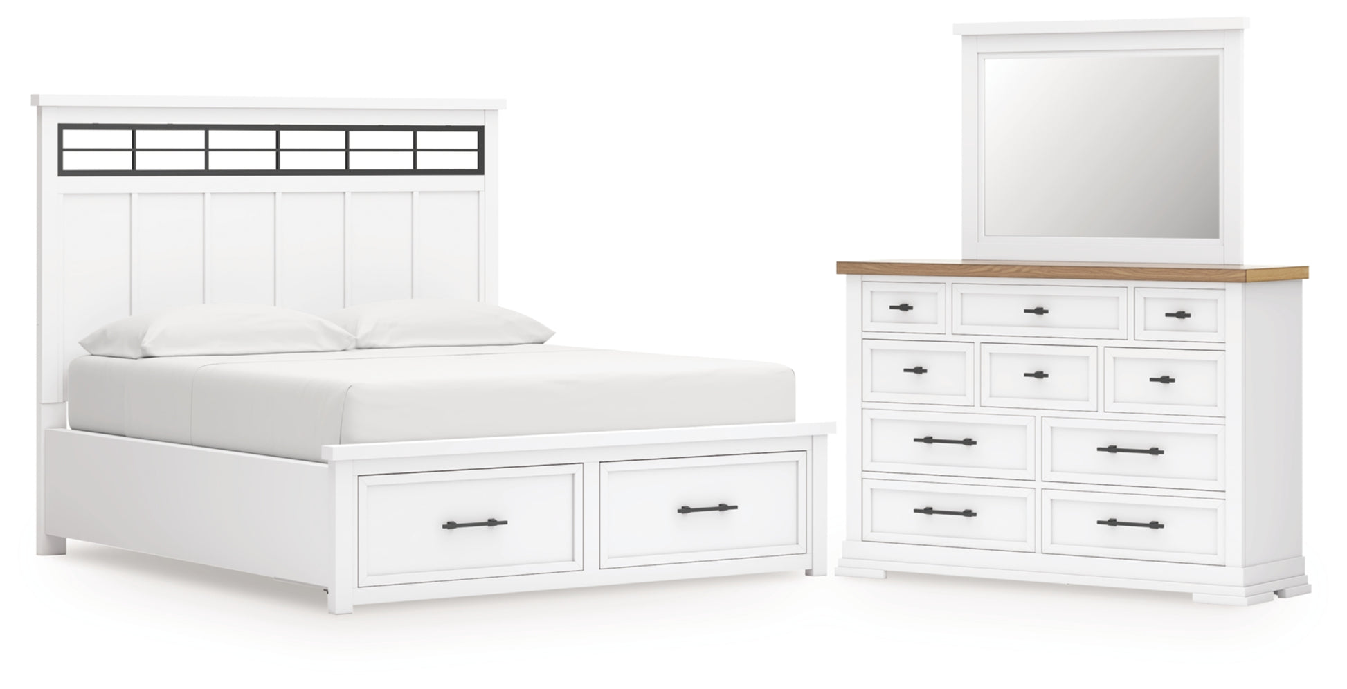 Ashbryn California King Panel Storage Bed, Dresser and Mirror