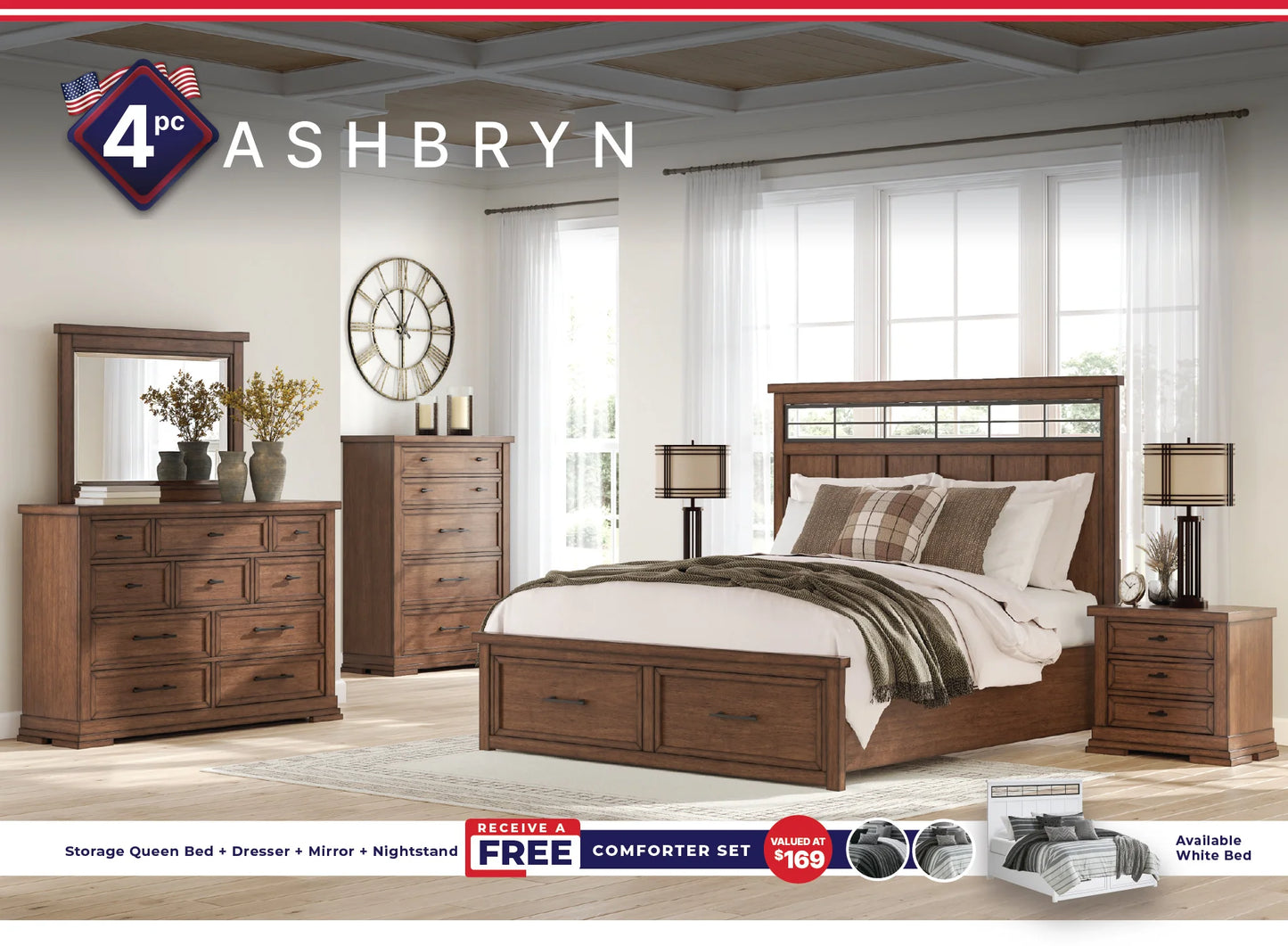 Ashbryn & Taffenbrook Queen Upholstered Panel 4PC Bedroom Set with Comforter Kit