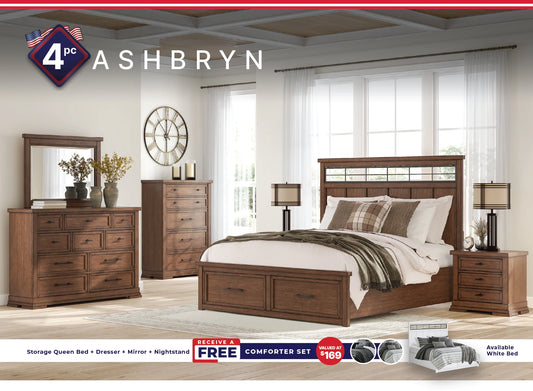 Ashbryn & Taffenbrook Queen Upholstered Panel 4PC Bedroom Set with Comforter Kit
