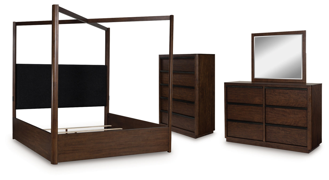 Dilenno California King Canopy Bed with Mirrored Dresser and Chest