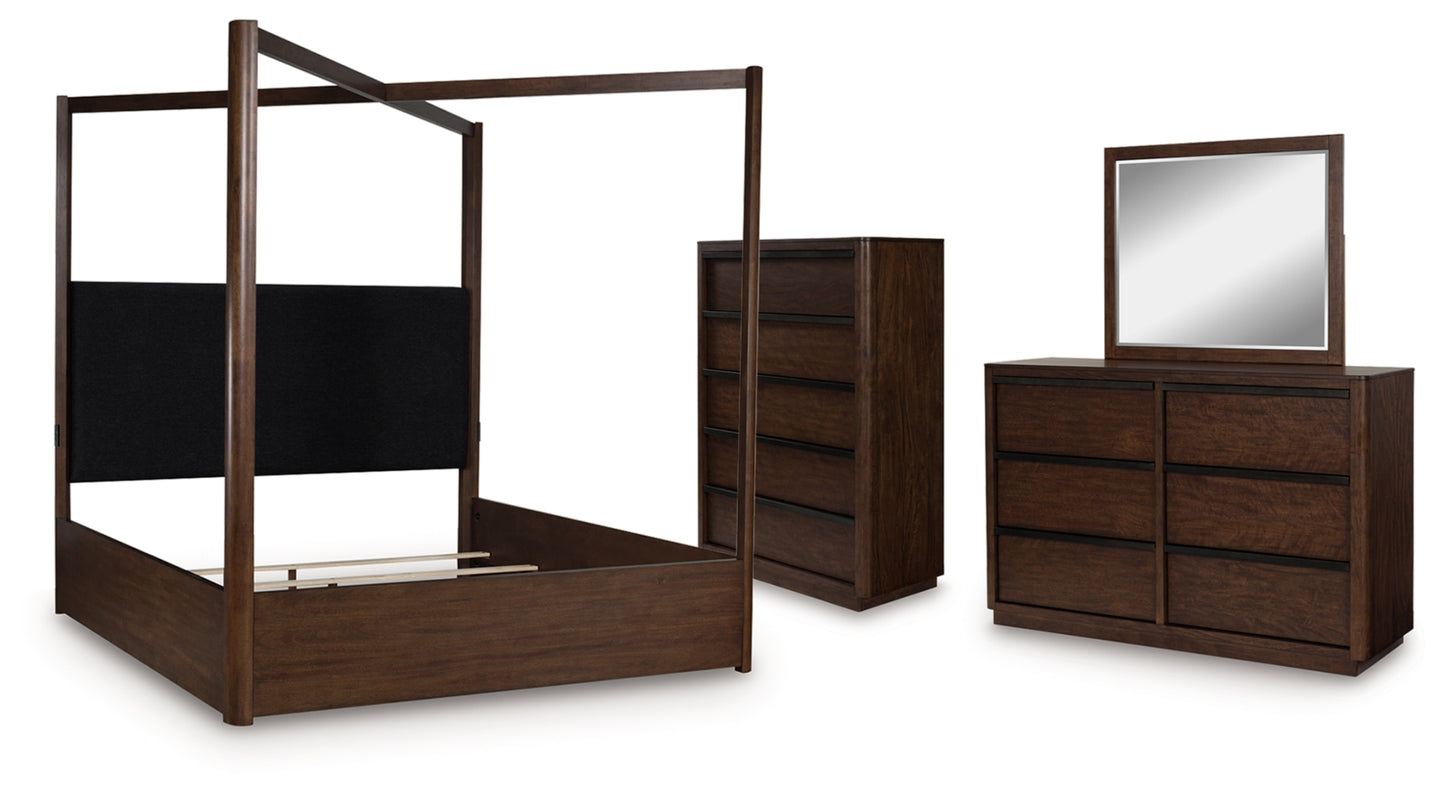 Dilenno California King Canopy Bed with Mirrored Dresser and Chest