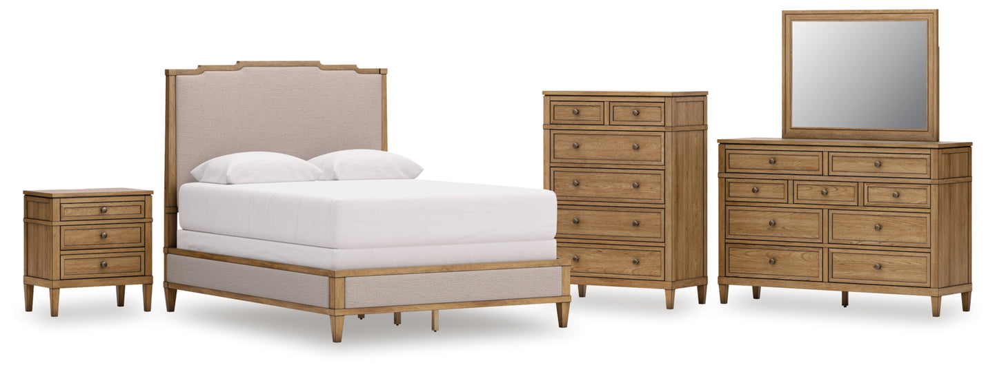 Sharlance Queen Upholstered Panel Bed, Dresser, Mirror, Chest and Nightstand