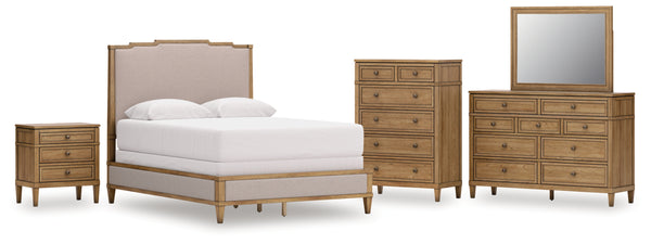 Sharlance Queen Upholstered Panel Bed, Dresser, Mirror, Chest and Nightstand