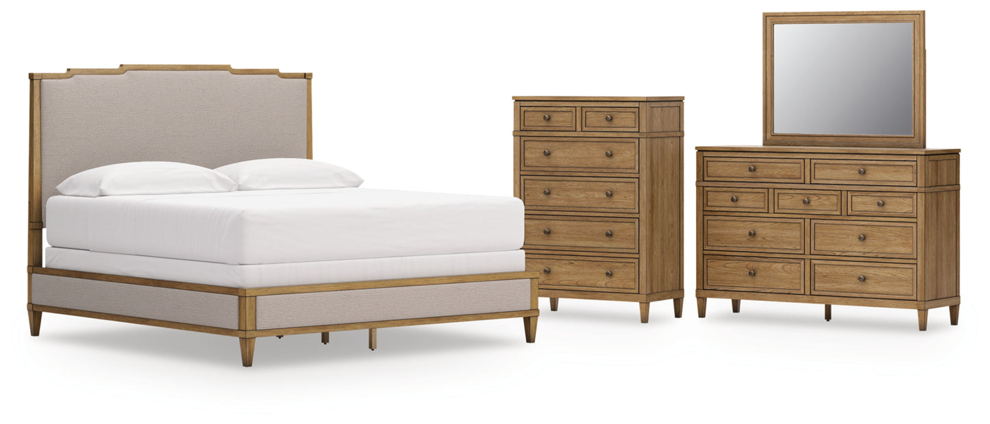 Sharlance King Upholstered Panel Bed, Dresser, Mirror and Chest