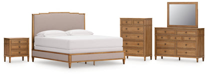 Sharlance California King Upholstered Panel Bed, Dresser, Mirror, Chest and Nightstand