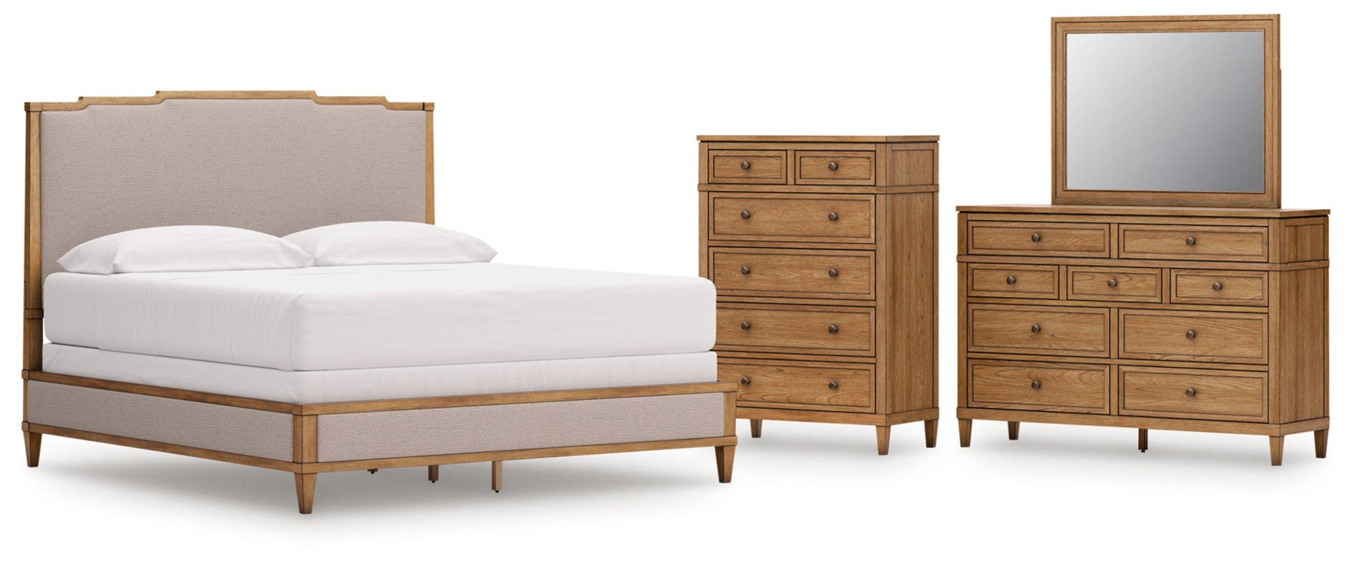 Sharlance California King Upholstered Panel Bed, Dresser, Mirror and Chest
