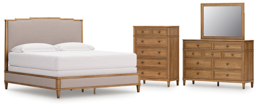 Sharlance California King Upholstered Panel Bed, Dresser, Mirror and Chest