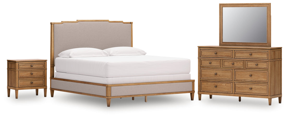 Sharlance King Upholstered Panel Bed, Dresser, Mirror and Nightstand