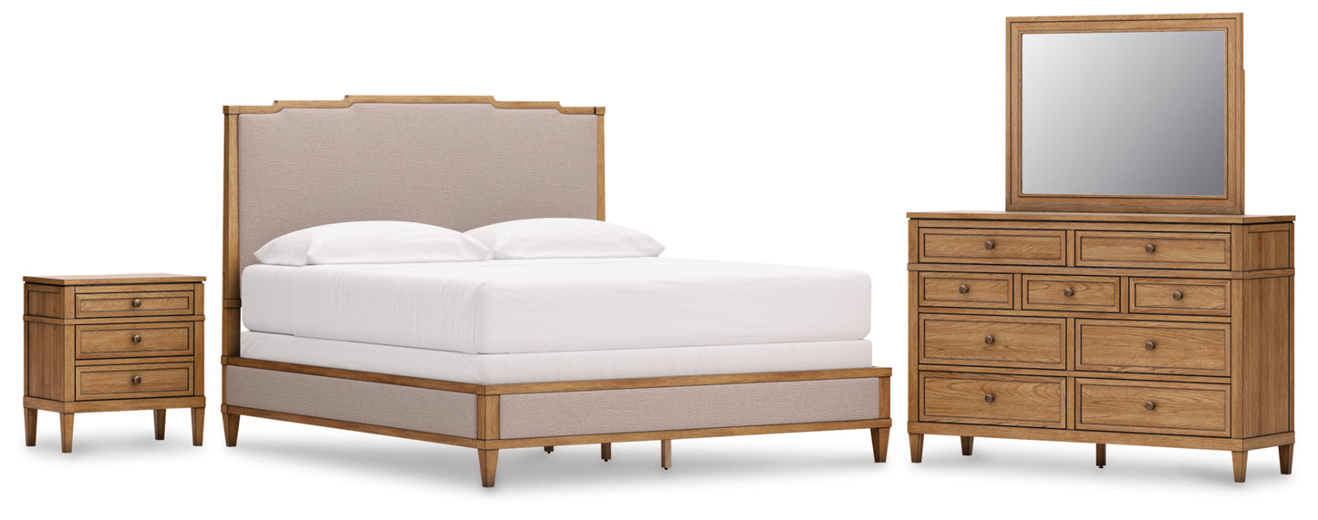 Sharlance California King Upholstered Panel Bed, Dresser, Mirror and Nightstand