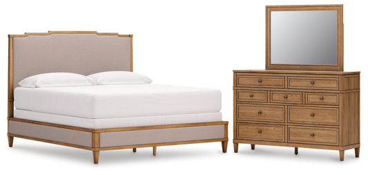 Sharlance California King Upholstered Panel Bed, Dresser and Mirror