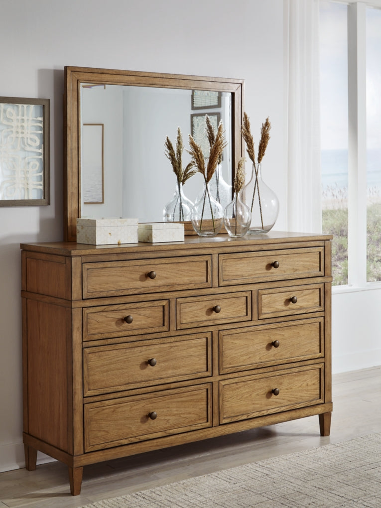 Sharlance California King Upholstered Panel Bed, Dresser and Mirror
