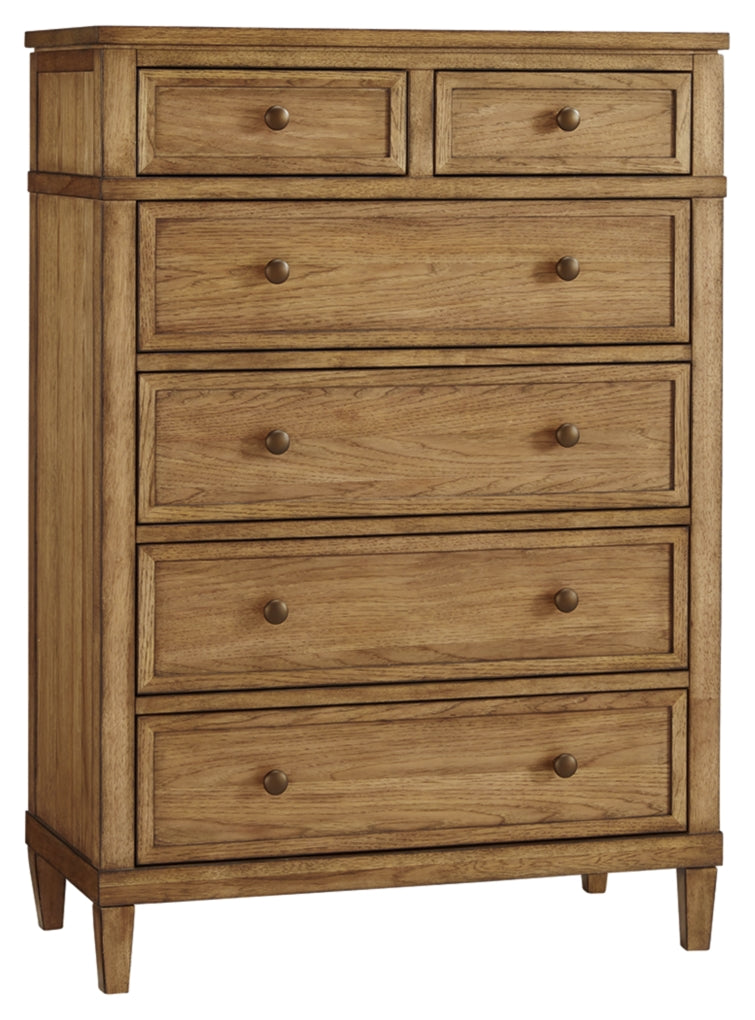 Sharlance California King Upholstered Panel Bed, Dresser, Mirror and Chest