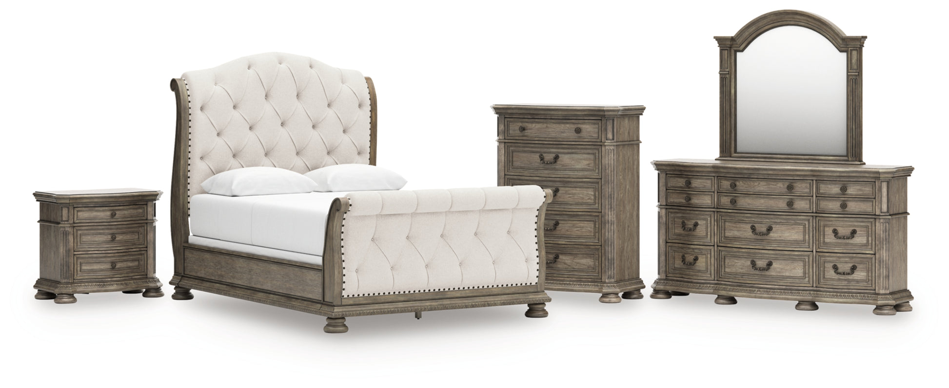 Ardenfield Queen Upholstered Sleigh Bed, Dresser, Mirror, Chest and Nightstand