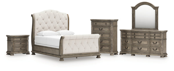 Ardenfield Queen Upholstered Sleigh Bed, Dresser, Mirror, Chest and Nightstand